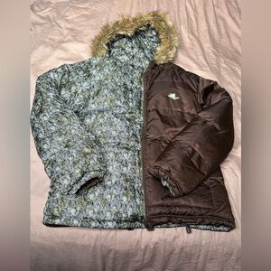 Vintage Mecca Reversible Puffer Coat Kids SZ Large Brown All Over Print Y2K